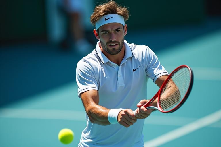 A competitive tennis player executing a powerful serve.
