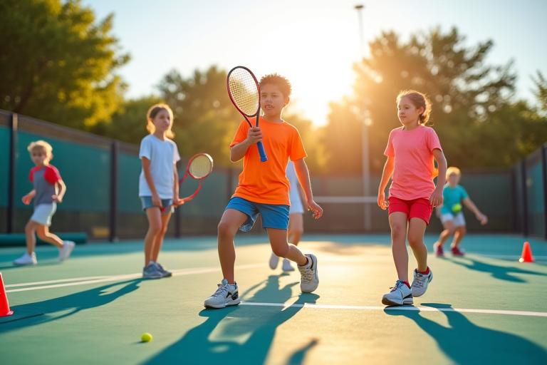 A group of young tennis players in a training drill.