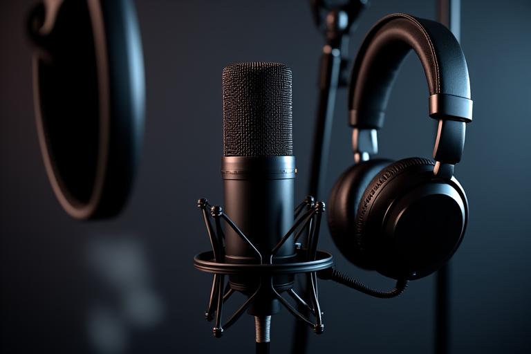 A professional microphone and headphones in a studio setting.